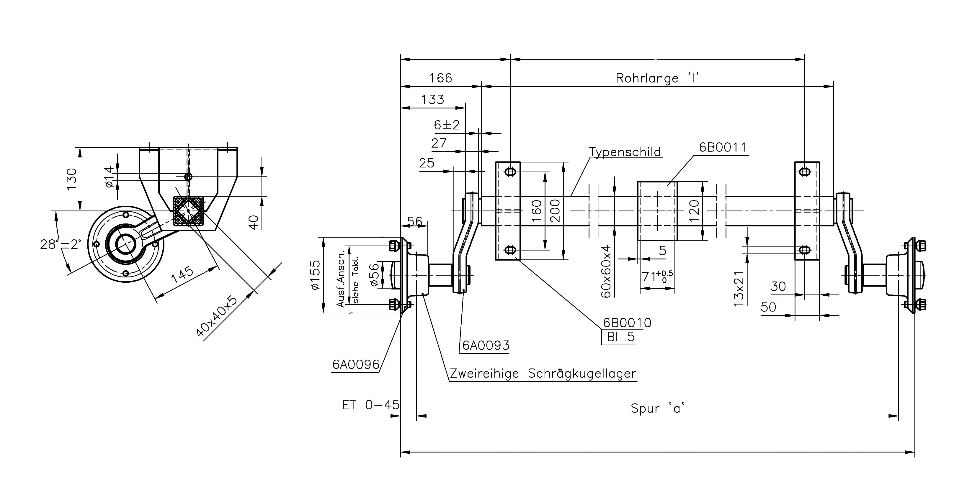Gummifederlaufachse 750 kg, A: 1000 mm,