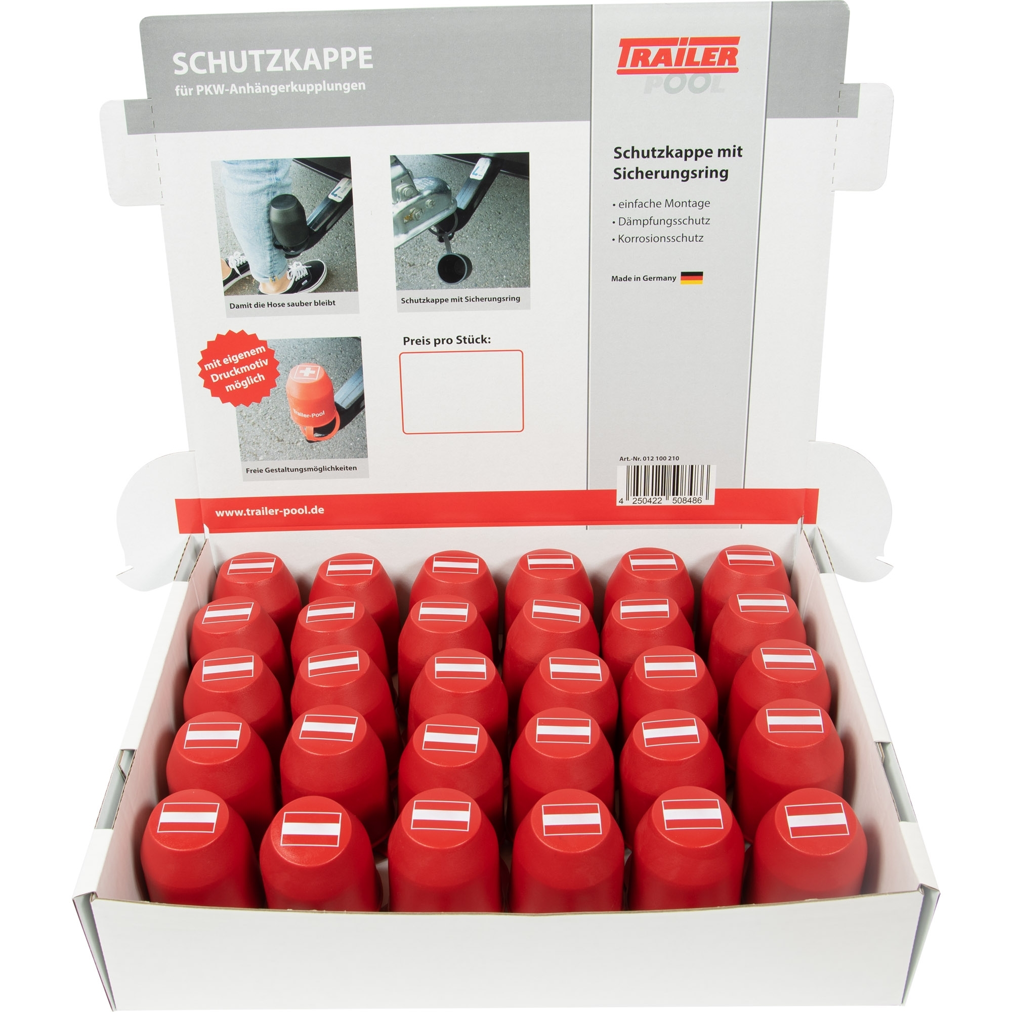 Schutzkappen-Thekendisplay, Inhalt 30 x rot mit Aufdruck AT