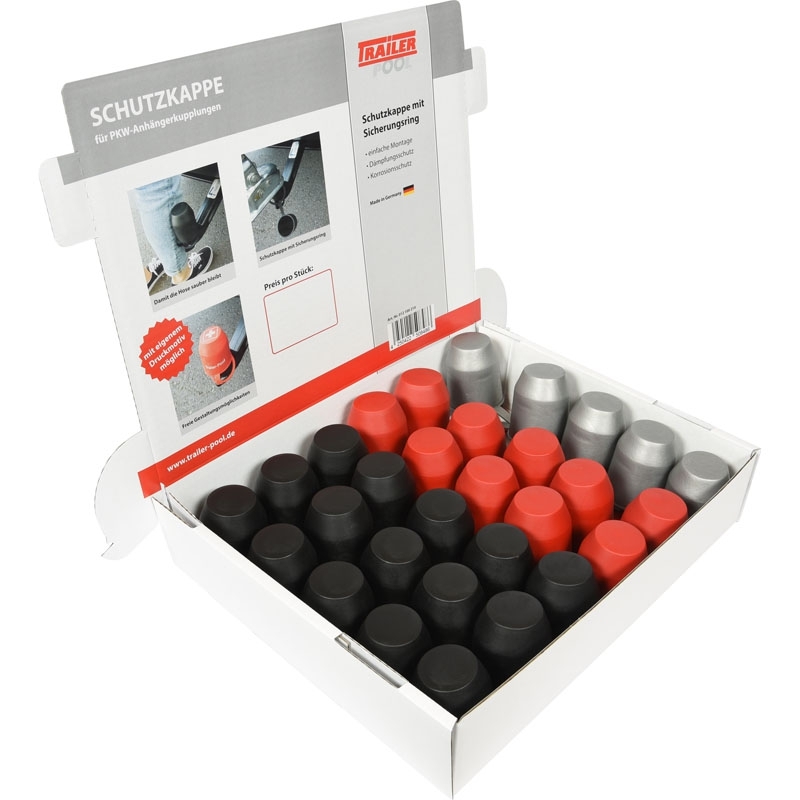 Schutzkappen-Thekendisplay, Inhalt 15 x Schwarz, 10 x Rot, 5 x Silber