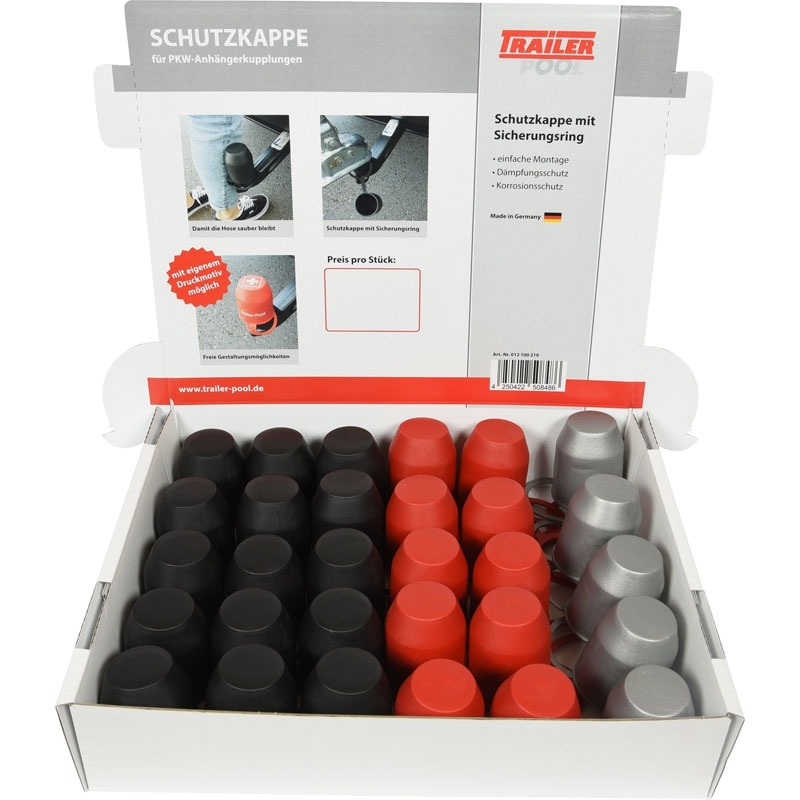 Schutzkappen-Thekendisplay, Inhalt 15 x Schwarz, 10 x Rot, 5 x Silber