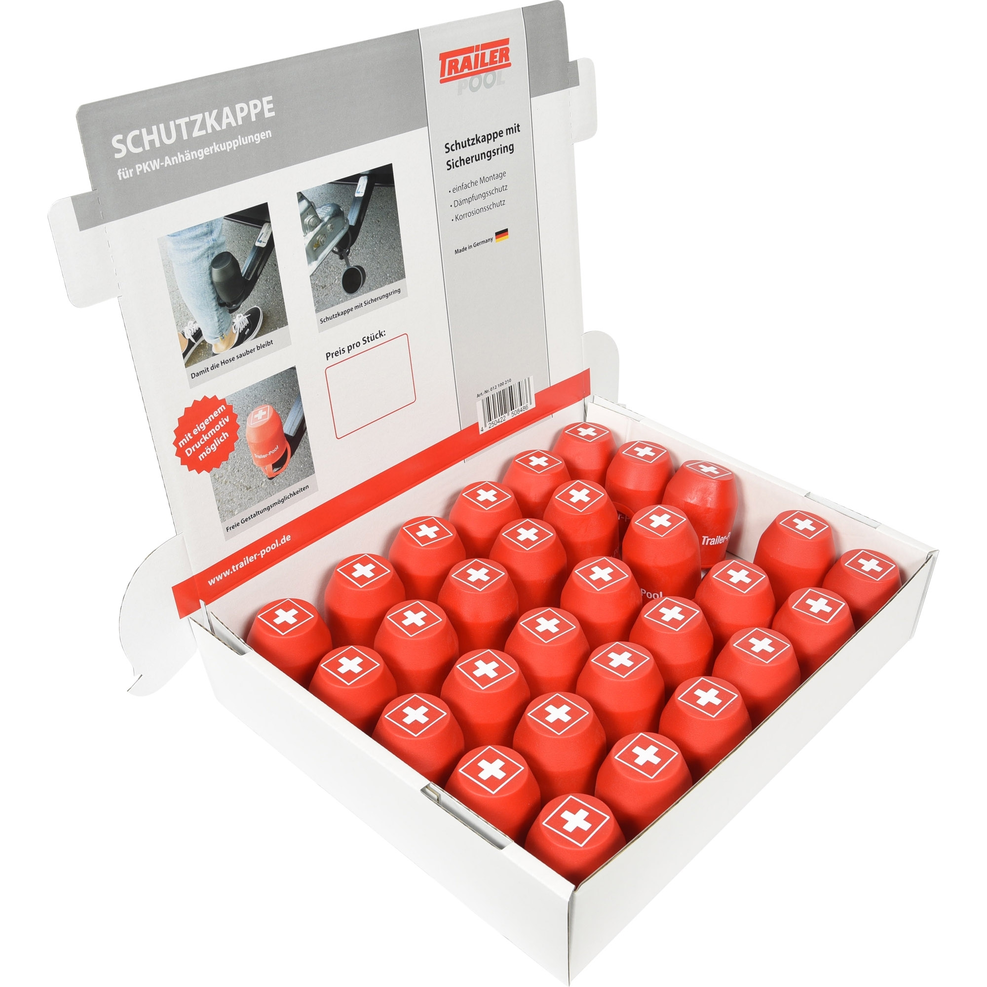 Schutzkappen-Thekendisplay, Inhalt 30 x rot mit Aufdruck CH